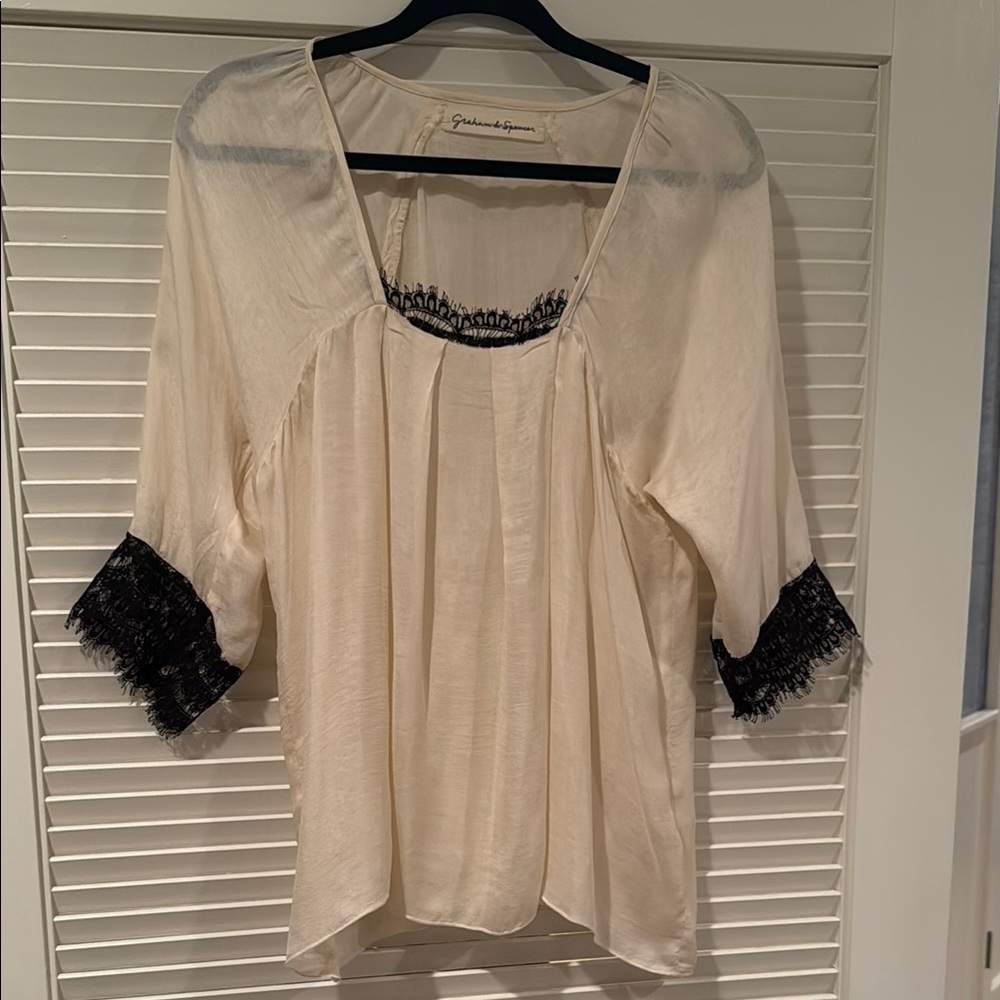 Silk Velvet Graham & Spencer Cream Silk Blouse with Black Lace Trim